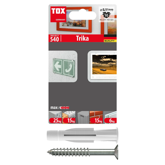Bild von TOX Allzweckdübel TRIKA 5x31 mm + Schraube im Blister, zuverlässige Befestigung in fast allen Baustoffen, einfache Montage, mitdrehsicher und Dübelkappe schont die Oberfläche, 10 Stk., 011701021