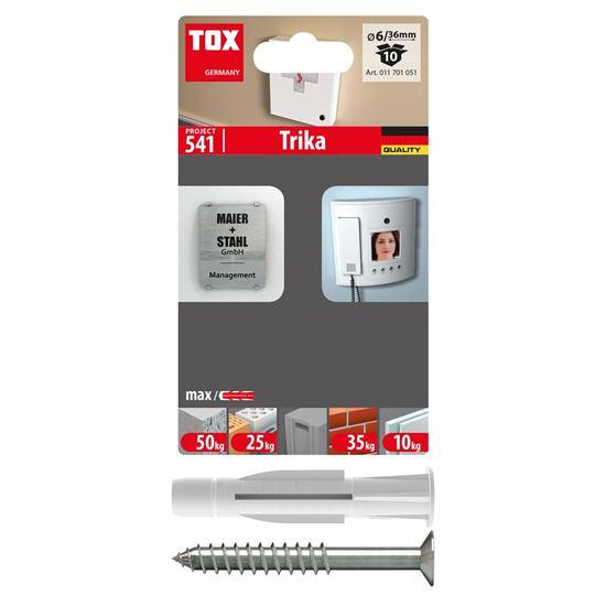 Bild von TOX Allzweckdübel TRIKA 6x36 mm + Schraube im Blister, zuverlässige Befestigung in fast allen Baustoffen, einfache Montage, mitdrehsicher und Dübelkappe schont die Oberfläche, 10 Stk., 011701051