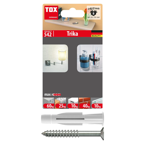 Bild von TOX Allzweckdübel TRIKA 6x51 mm + Schraube im Blister, zuverlässige Befestigung in fast allen Baustoffen, einfache Montage, mitdrehsicher und Dübelkappe schont die Oberfläche, 8 Stk., 011701061