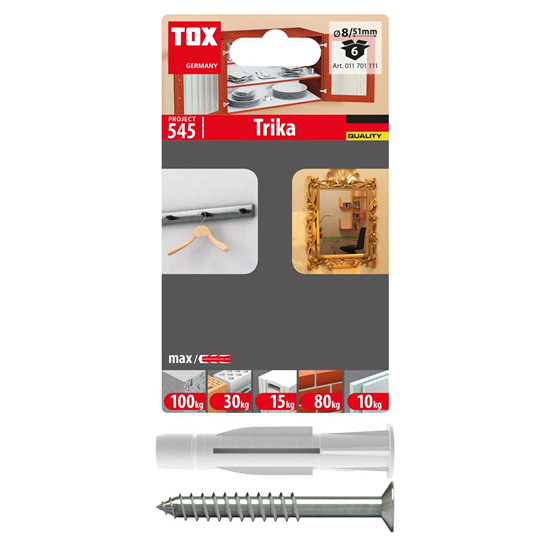 Bild von TOX Allzweckdübel TRIKA 8x51 mm + Schraube im Blister, zuverlässige Befestigung in fast allen Baustoffen, einfache Montage, mitdrehsicher und Dübelkappe schont die Oberfläche, 6 Stk., 011701111