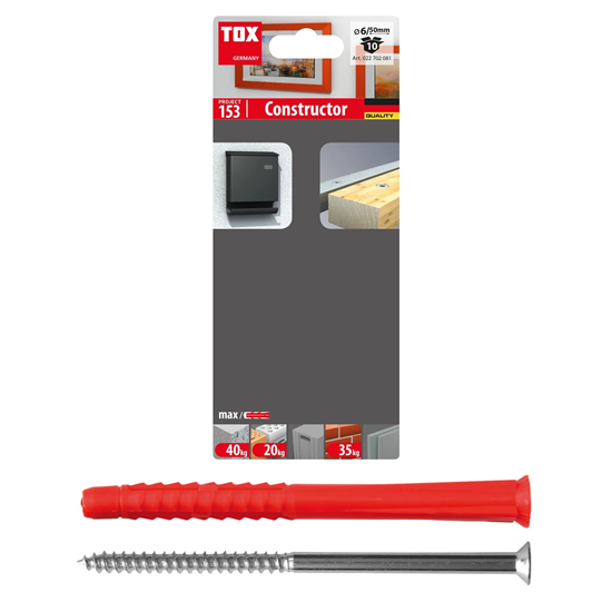 Bild von TOX Allzweck-Rahmendübel Constructor 6 x 50 mm + Schraube, Rahmendübel mit Allzweck-Charakter für verschiedene Baustoffe, verknotet oder spreizt automatisch, 10 Stück im Blister, 022702081