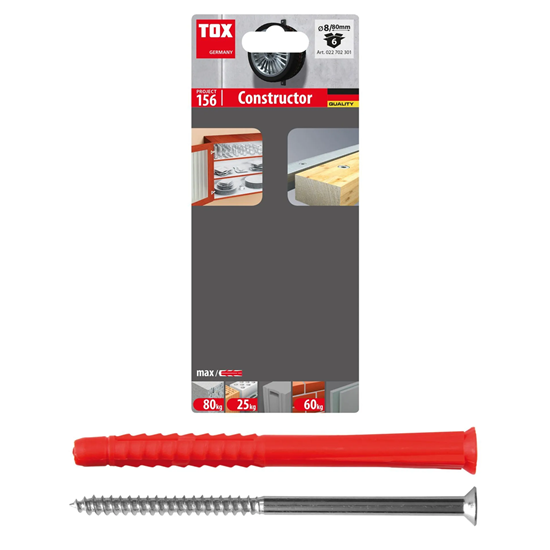 Bild von TOX Allzweck-Rahmendübel Constructor 8 x 80 mm + Schraube, Rahmendübel mit Allzweck-Charakter für verschiedene Baustoffe, verknotet oder spreizt automatisch, 6 Stück im Blister, 022702301