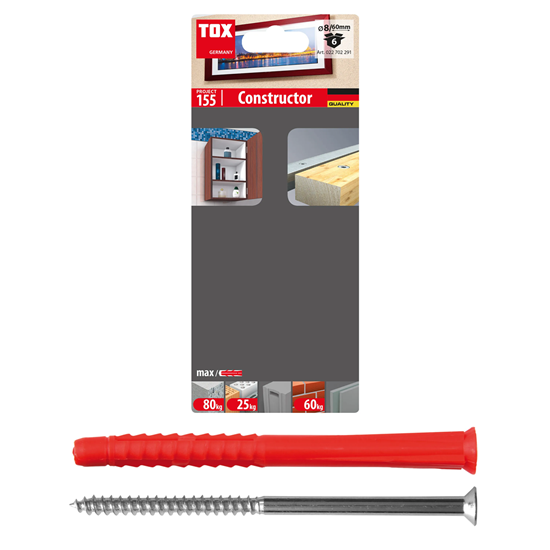 Bild von TOX Allzweck-Rahmendübel Constructor 8 x 60 mm + Schraube, Rahmendübel mit Allzweck-Charakter für verschiedene Baustoffe, verknotet oder spreizt automatisch, 6 Stück im Blister, 022702291