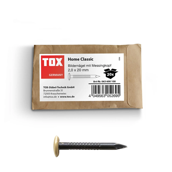 Bild von TOX Bildernagel Home Classic aus gehärtetem Stahl mit Messingkopf in recycelbarer Papierverpackung, Größe 2,0 x 20 mm, Stahlnägel für Bilder für nahezu alle Baustoffe, 20 Stk., 063600100