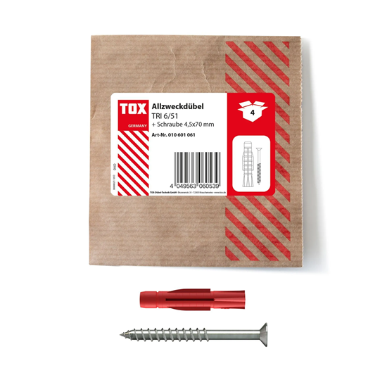 Bild von TOX 6x51 mm Allzweckdübel TRI Schraube, Dübel für zuverlässige Befestigungen in Fast Allen Baustoffen, 4 Stück in Einer wiederverschließbaren und umweltschonenden Papierverpackung, 010601061, Rot