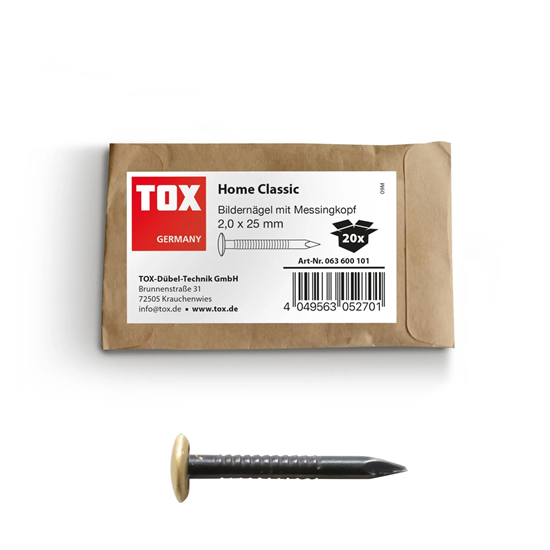 Bild von TOX Bildernagel Home Classic aus gehärtetem Stahl mit Messingkopf in recycelbarer Papierverpackung, Größe 2,0 x 25 mm, Stahlnägel für Bilder für nahezu alle Baustoffe, 20 Stk., 063600101
