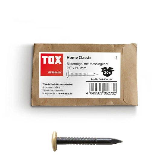 Bild von TOX Bildernagel Home Classic aus gehärtetem Stahl mit Messingkopf in recycelbarer Papierverpackung, Größe 2,0 x 50 mm, Stahlnägel für Bilder für nahezu alle Baustoffe, 20 Stk., 063600104