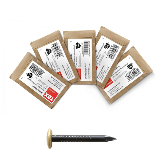 Bild von TOX Bildernagel Set Home Classic aus gehärtetem Stahl mit Messingkopf in Retro-Papierverpackung, ? 2,0 mm, Länge 20, 25, 30, 40 und 50 mm, Stahlnägel für nahezu alle Baustoffe, 100-tlg., 063600105