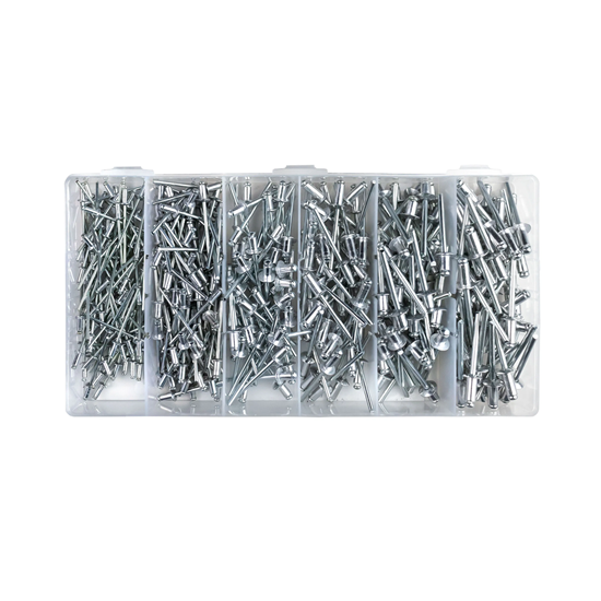 Bild von TOX Blindnieten-Sortiment aus Aluminium, Blindnieten mit Flachrundkopf in 6 Größen 2,4x6 mm, 3,2x6 mm, 4x6 mm, 4x10 mm, 4,8x6 mm, 4,8x10 mm, zur Befestigung von Alu- u. Stahlblechen, 400-tlg. 09490205