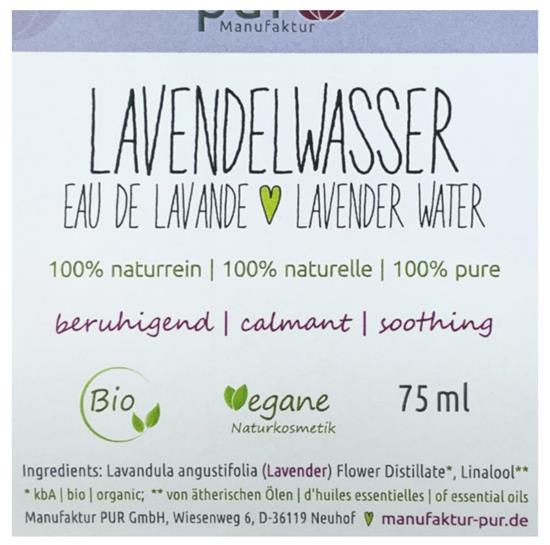 Bild von pur Manufaktur - Bio Lavendelwasser 100% naturreines Lavendel-Hydrolat in Glasflasche mit Zerstäuber - 75ml