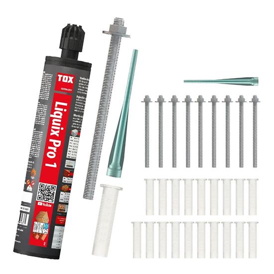 Bild von TOX Set für Chemie-Schwerlast-Befestigungen mit 1x Verbundmörtel Liquix Pro 1 styrolfrei 280 ml, 10x Gewindestange Stix-VZ M8x110, 20x Siebhülse Liquix Sleeve 12x80 mm, 31-tlg., 084909260