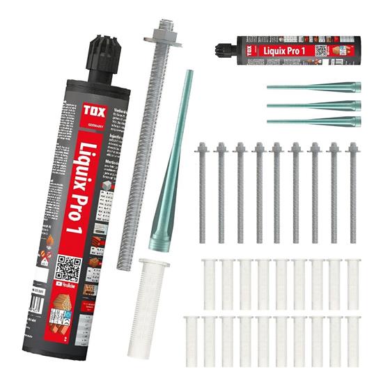 Bild von TOX Set für Chemie-Schwerlast-Befestigungen mit 2x Verbundmörtel Liquix Pro 1 styrolfrei 280 ml, 10x Gewindestange Stix-VZ M10x165, 20x Siebhülse Liquix Sleeve 16x85 mm, 32-tlg., 084909262