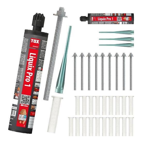 Bild von TOX Set für Chemie-Schwerlast-Befestigungen mit 2x Verbundmörtel Liquix Pro 1 styrolfrei 280 ml, 10x Gewindestange Stix-A4 M10x130, 20x Siebhülse Liquix Sleeve 16x85 mm, 32-tlg., 084909267