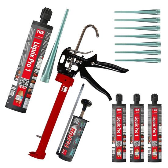 Bild von TOX Set mit Liquix Pro 1 Verbundmörtel 280 ml (4 Stück) + 1x Auspresspistole Liquix Blaster und Ausbläser Taifun, Injektionsmörtel für sichere Befestigungen bis zu 13,3 Tonnen, 084909278