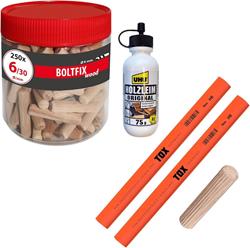 Bild von TOX Set mit Holzdübel Boltfix Wood 6/30 aus Buche (250 Stück in der Runddose), 2x Zimmermannsbleistift Neon-Orange, 1x Holzleim, Holz-Set für Möbel und sichere Holzverbindungen, 015909001