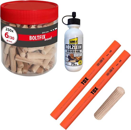 Bild von TOX Set mit Holzdübel Boltfix Wood 6/30 aus Buche (250 Stück in der Runddose), 2x Zimmermannsbleistift Neon-Orange, 1x Holzleim, Holz-Set für Möbel und sichere Holzverbindungen, 015909001