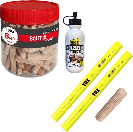 Bild von TOX Set mit Holzdübel Boltfix Wood 8/40 aus Buche (100 Stück in der Runddose), 2x Zimmermannsbleistift Neon-Gelb, 1x Holzleim, Holz-Set für Möbel und sichere Holzverbindungen, 015909002