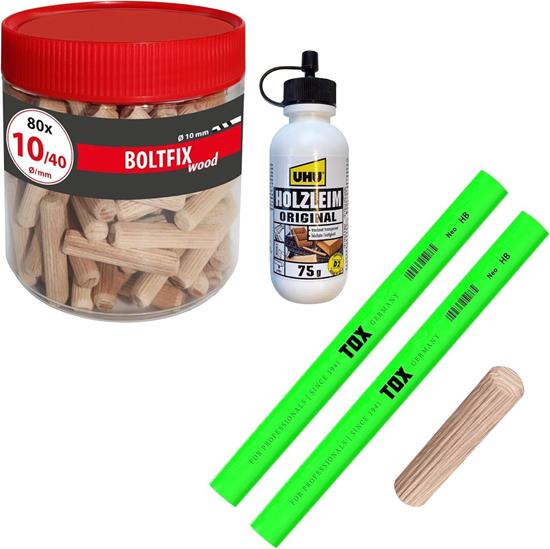 Bild von TOX Set mit Holzdübel Boltfix Wood 10/40 aus Buche (80 Stück in der Runddose), 2x Zimmermannsbleistift Neon-Grün, 1x Holzleim, Holz-Set für Möbel und sichere Holzverbindungen, 015909003