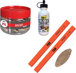 Bild von TOX Set mit Flachdübel Biscuit Wood P0 aus Buche (60 Stück in der Runddose), 2x Zimmermannsbleistift Neon-Orange, 1x Holzleim, Holz-Set für stabile Holzverbindungen, 015909005