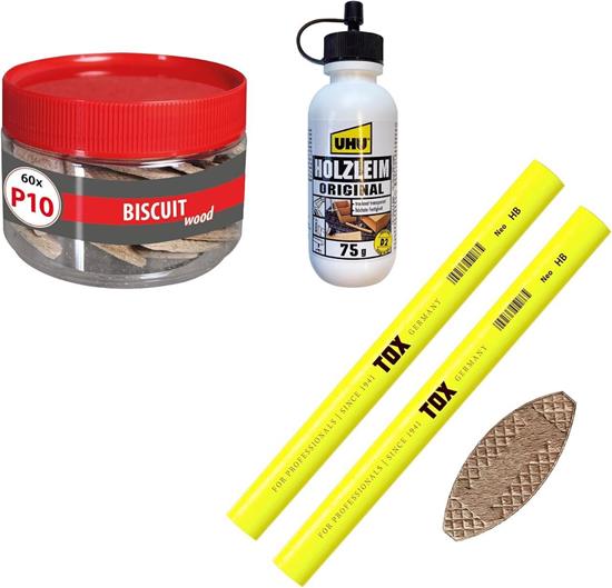 Bild von TOX Set mit Flachdübel Biscuit Wood P10 aus Buche (60 Stück in der Runddose), 2x Zimmermannsbleistift Neon-Gelb, 1x Holzleim, Holz-Set für stabile Holzverbindungen, 015909006