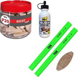 Bild von TOX Set mit Flachdübel Biscuit Wood P20 aus Buche (60 Stück in der Runddose), 2x Zimmermannsbleistift Neon-Grün, 1x Holzleim, Holz-Set für stabile Holzverbindungen, 015909007