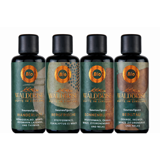 Bild von Waldbrise - 1x BIO Saunaaufguss Wanderlust + 1x  BIO Saunaaufguss Bergfrische + 1x BIO Saunaaufguss Sonnenblüte  + BIO Saunaaufguss Bergtau - 4x 100 ml